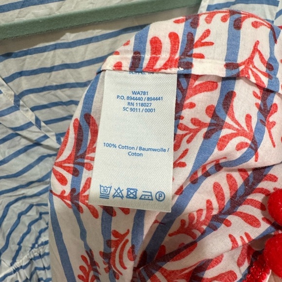 Boden Esmerelda Blue White Stripe Red Pom Pom Beach Kaftan Swim Cover-up Sz 8 - Picture 7 of 7